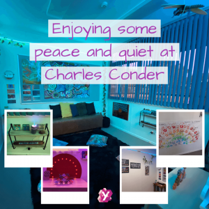 photo of rooms at conder with text that reads enjoying some peace and quiet at charles conder