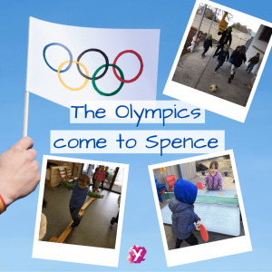 image of the olympics flag with text that reads the olympics come to Spence