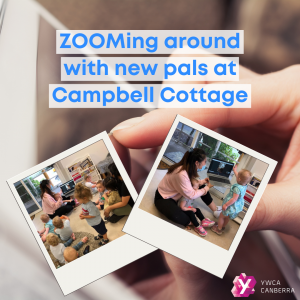 Images of children using a laptop with an active Zoom session, and the text "ZOOMing around with new pals at Campbell Cottage"
